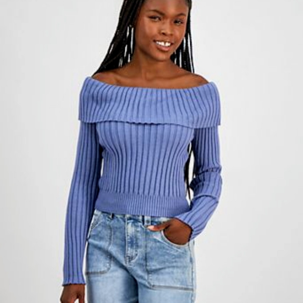 Madden Girl Ribbed Off-shoulder Sweater Blue SZ M